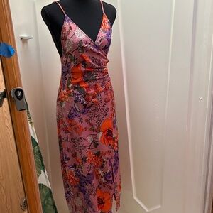 UO Lily Satin Wrap Slip Dress in Pink with Orange Accents